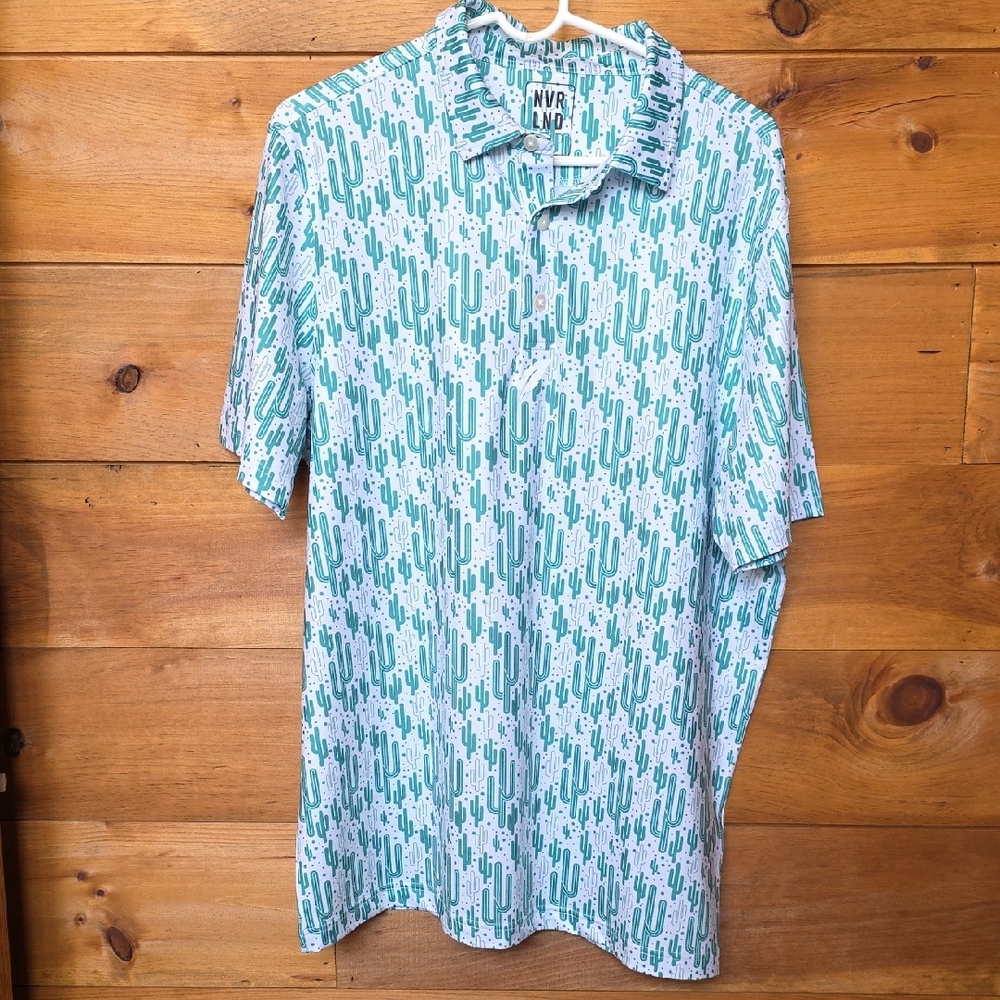 NVR LND Short-Sleeve Cactus Print Shirt - Teal/White Large Golf